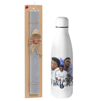 Vinicius Junior, Easter Set, metallic stainless thermos bottle (500ml) & scented flat Easter candle (30cm) (GRAY)
