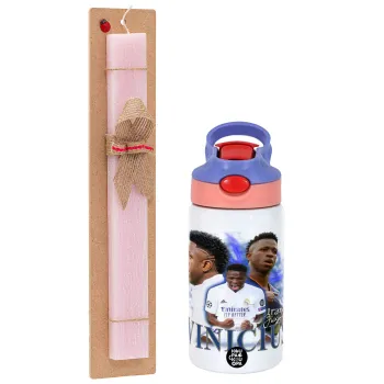 Vinicius Junior, Πασχαλινή Λαμπάδα με Παιδικό παγούρι θερμό, ανοξείδωτο, με καλαμάκι ασφαλείας, ροζ/μωβ (350ml) & κερί αρωματικό πλακέ (30cm) (ΡΟΖ)