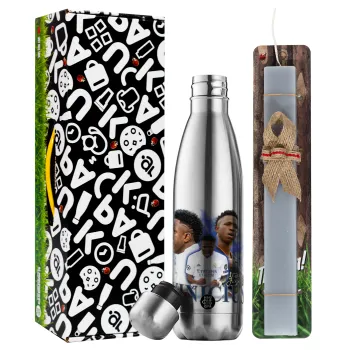 Vinicius Junior, Easter Set, metallic stainless thermos flask (500ml) & scented flat Easter candle (30cm) (GRAY)