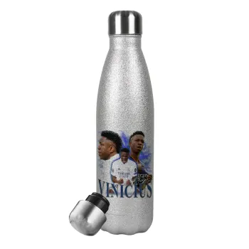 Vinicius Junior, Metallic Glitter Silver Thermos Flask (Stainless steel), double-walled, 500ml
