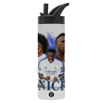 Vinicius Junior, Metallic thermos bottle with straw & handle, stainless steel (Stainless steel 304), double-walled, 600ml.