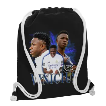 Vinicius Junior, Backpack pouch GYMBAG Black, with pocket (40x48cm) & thick white cords