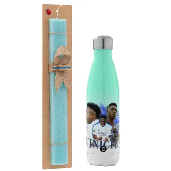 Vinicius Junior, Πασχαλινή Λαμπάδα με Μεταλλικό παγούρι θερμός Πράσινο/Λευκό (Stainless steel), διπλού τοιχώματος, 500ml & κερί αρωματικό πλακέ (30cm) (ΤΙΡΚΟΥΑΖ)