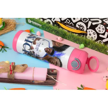 Vinicius Junior, Πασχαλινή Λαμπάδα με Παιδικό παγούρι θερμό, ανοξείδωτο, με καλαμάκι ασφαλείας, ΡΟΖ (500ml)