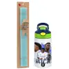 Easter Set, Children's thermal stainless steel bottle with safety straw, green/blue (350ml) & aromatic flat Easter candle (30cm) (TURQUOISE)