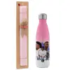 Easter Set, Metallic pink/white (Stainless steel) thermos, double-walled, 500ml & aromatic flat Easter candle (30cm) (PINK)