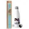 Easter Set, metallic stainless steel water bottle (750ml) & aromatic flat Easter candle (30cm) (TURQUOISE)