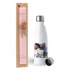 Easter Set, metallic stainless steel water bottle (750ml) & scented flat Easter candle (30cm) (PINK)