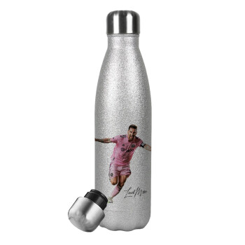 Lionel Messi inter miami jersey, Μεταλλικό παγούρι θερμός Glitter Aσημένιο (Stainless steel), διπλού τοιχώματος, 500ml