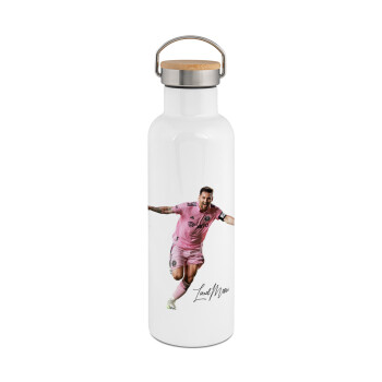 Lionel Messi inter miami jersey, Μεταλλικό παγούρι θερμός (Stainless steel) Λευκό με ξύλινο καπακι (bamboo), διπλού τοιχώματος, 750ml