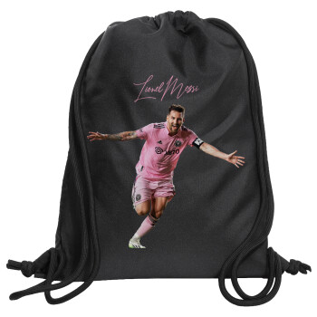 Lionel Messi inter miami jersey, Τσάντα πλάτης πουγκί GYMBAG Μαύρη, με τσέπη (40x48cm) & χονδρά κορδόνια