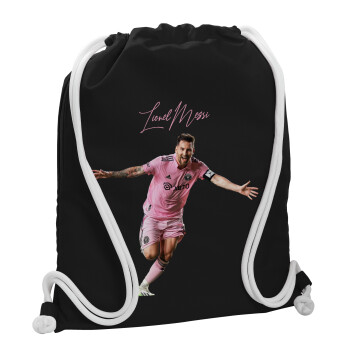 Lionel Messi inter miami jersey, Τσάντα πλάτης πουγκί GYMBAG Μαύρη, με τσέπη (40x48cm) & χονδρά λευκά κορδόνια