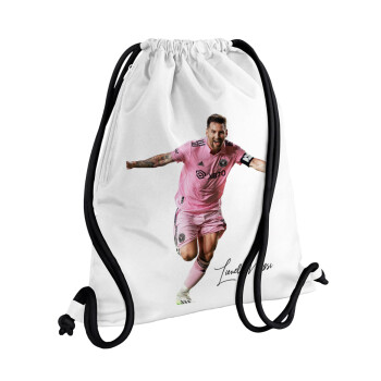 Lionel Messi inter miami jersey, Τσάντα πλάτης πουγκί GYMBAG λευκή, με τσέπη (40x48cm) & χονδρά κορδόνια