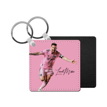 Lionel Messi inter miami jersey, Μπρελόκ Δερματίνη, τετράγωνο ΜΑΥΡΟ (5x5cm)