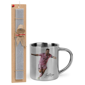 Lionel Messi inter miami jersey, Πασχαλινό Σετ, μεταλλική κούπα θερμό (300ml) & πασχαλινή λαμπάδα αρωματική πλακέ (30cm) (ΓΚΡΙ)