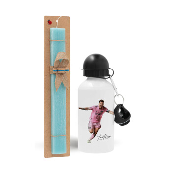 Lionel Messi inter miami jersey, Easter Set, metallic aluminum water bottle (500ml) & scented flat candle (30cm) (TURQUOISE)