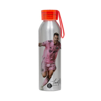 Lionel Messi inter miami jersey, Αλουμινένιο Αθλητικό Μπουκάλι 650ml – Ασημί με Κόκκινο Καπάκι και Λουράκι Σιλικόνης