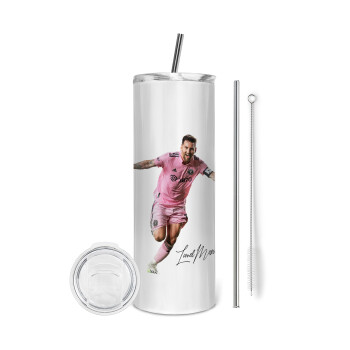 Lionel Messi inter miami jersey, Tumbler ποτήρι θερμό από ανοξείδωτο ατσάλι 600ml, με μεταλλικό καλαμάκι & βούρτσα καθαρισμού