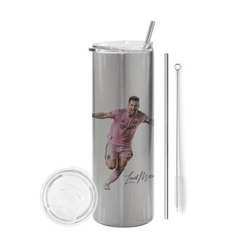 Lionel Messi inter miami jersey, Eco friendly stainless steel Silver tumbler 600ml, with metal straw & cleaning brush