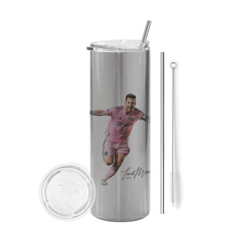Lionel Messi inter miami jersey, Tumbler ποτήρι θερμό Ασημένιο από ανοξείδωτο ατσάλι 600ml, με μεταλλικό καλαμάκι & βούρτσα καθαρισμού