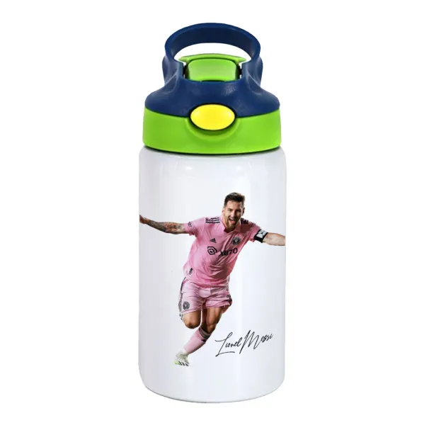 Lionel Messi inter miami jersey — Παιδικό παγούρι θερμό, ανοξείδωτο, με καλαμάκι ασφαλείας, πράσινο/μπλε (350ml)