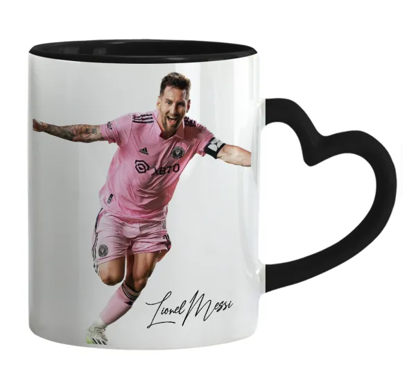 Lionel Messi inter miami jersey — Κούπα καρδιά χερούλι μαύρη, κεραμική, 330ml