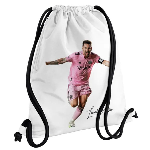 Lionel Messi inter miami jersey — Τσάντα πλάτης πουγκί GYMBAG λευκή, με τσέπη (40x48cm) & χονδρά κορδόνια