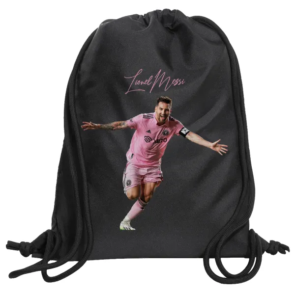 Lionel Messi inter miami jersey — Τσάντα πλάτης πουγκί GYMBAG Μαύρη, με τσέπη (40x48cm) & χονδρά κορδόνια
