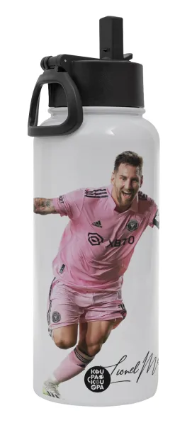 Lionel Messi inter miami jersey — Metal mug thermo White with Straw and Spout Lid (Stainless steel), double wall, 950ml