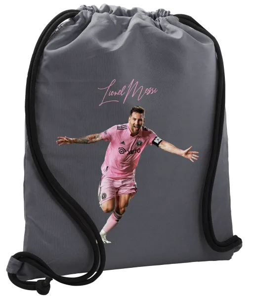 Lionel Messi inter miami jersey — Τσάντα πλάτης πουγκί GYMBAG ΓΚΡΙ, με τσέπη (40x48cm) & χονδρά κορδόνια