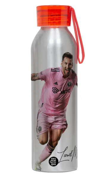 Lionel Messi inter miami jersey — Αλουμινένιο Αθλητικό Μπουκάλι 650ml – Ασημί με Κόκκινο Καπάκι και Λουράκι Σιλικόνης
