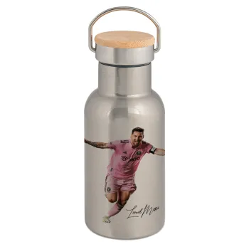 Lionel Messi inter miami jersey, Μεταλλικό παγούρι θερμός (Stainless steel) Ασημένιο με ξύλινο καπακι (bamboo), διπλού τοιχώματος, 350ml