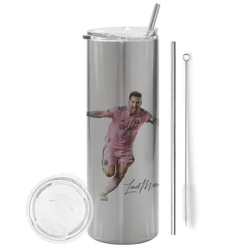 Lionel Messi inter miami jersey, Tumbler ποτήρι θερμό Ασημένιο από ανοξείδωτο ατσάλι 600ml, με μεταλλικό καλαμάκι & βούρτσα καθαρισμού
