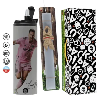 Lionel Messi inter miami jersey, Easter candle with Grey Tumbler Thermo 600ml & aromatic flat candle (30cm) (GREY)