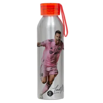 Lionel Messi inter miami jersey, Αλουμινένιο Αθλητικό Μπουκάλι 650ml – Ασημί με Κόκκινο Καπάκι και Λουράκι Σιλικόνης