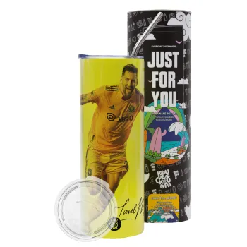 Lionel Messi inter miami jersey, Neon Yellow Travel Tumbler θερμό, μεταλλικό καλαμάκι(Ανωξείδωτο 304 Food grade, BPA free, 600ml)