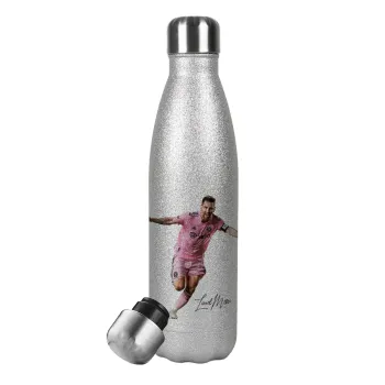 Lionel Messi inter miami jersey, Metallic Glitter Silver Thermos Flask (Stainless steel), double-walled, 500ml