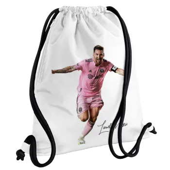 Lionel Messi inter miami jersey, Τσάντα πλάτης πουγκί GYMBAG λευκή, με τσέπη (40x48cm) & χονδρά κορδόνια
