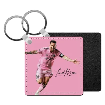 Lionel Messi inter miami jersey, Μπρελόκ Δερματίνη, τετράγωνο ΜΑΥΡΟ (5x5cm)