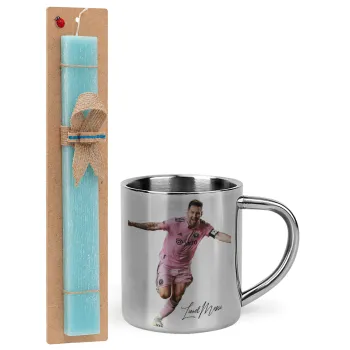 Lionel Messi inter miami jersey, Easter Set, metallic thermal cup (300ml) & aromatic flat Easter candle (30cm) (TURQUOISE)