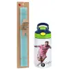 Easter Set, Children's thermal stainless steel bottle with safety straw, green/blue (350ml) & aromatic flat Easter candle (30cm) (TURQUOISE)