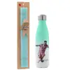 Easter Set, Metallic green/white thermos (Stainless steel), double-walled, 500ml & scented flat Easter candle (30cm) (TURQUOISE)