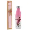 Easter Set, Metallic pink/white (Stainless steel) thermos, double-walled, 500ml & aromatic flat Easter candle (30cm) (PINK)