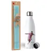 Easter Set, metallic stainless steel water bottle (750ml) & aromatic flat Easter candle (30cm) (TURQUOISE)
