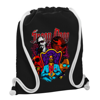 Snoop Dogg, Τσάντα πλάτης πουγκί GYMBAG Μαύρη, με τσέπη (40x48cm) & χονδρά λευκά κορδόνια
