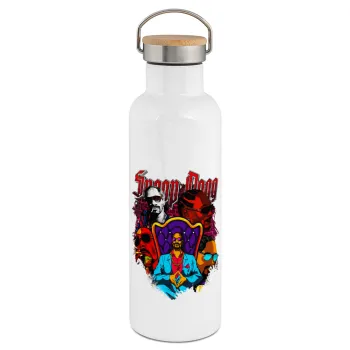 Snoop Dogg, Μεταλλικό παγούρι θερμός (Stainless steel) Λευκό με ξύλινο καπάκι (bamboo), διπλού τοιχώματος, 750ml