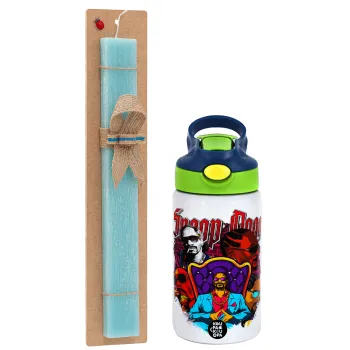 Snoop Dogg, Easter Set, Children's thermal stainless steel bottle with safety straw, green/blue (350ml) & aromatic flat Easter candle (30cm) (TURQUOISE)