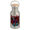 Stainless steel metallic thermos flask, silver with a bamboo lid, double-walled, 350ml.