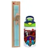 Easter Set, Children's thermal stainless steel bottle with safety straw, green/blue (350ml) & aromatic flat Easter candle (30cm) (TURQUOISE)