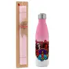 Easter Set, Metallic pink/white (Stainless steel) thermos, double-walled, 500ml & aromatic flat Easter candle (30cm) (PINK)